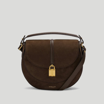 DeMellier The Siena Saddle in Mocha Suede & Mocha Small Grain Leather Crossbody bag | DeMellier
