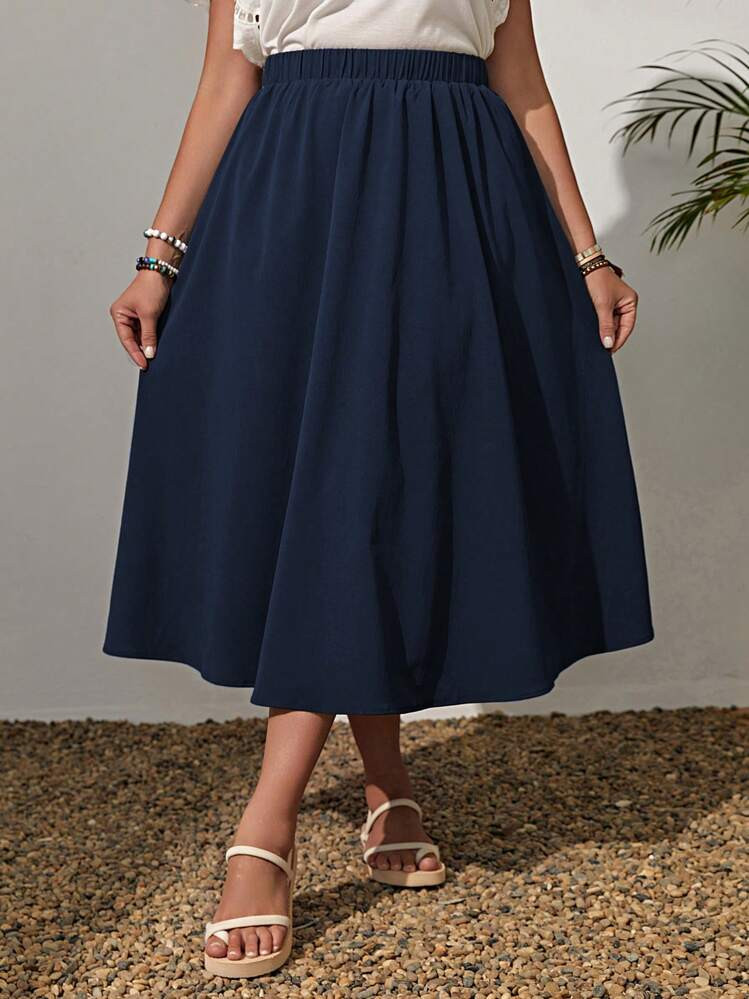 EMERY ROSE Plus Size Navy Blue Graceful, Elegant & Fashionable A-Line Skirt | SHEIN