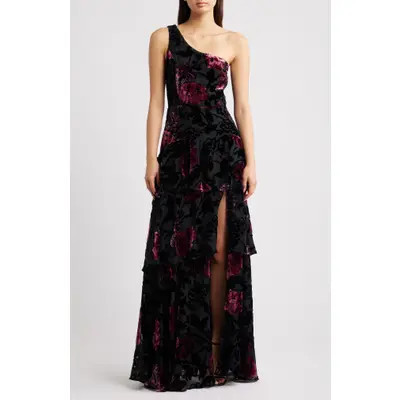 Lulus Elodie One Shoulder Burnout Floral Tiered Dress in Black Multi at Nordstrom, Size Large | Nordstrom