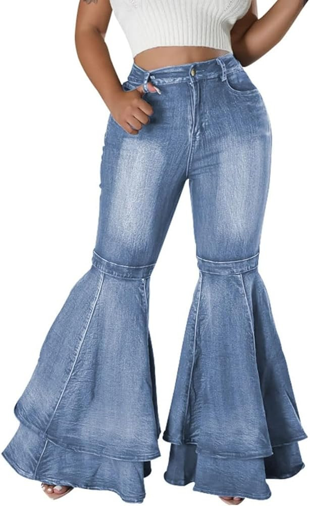 Women's Cute Flare Jeans Pleated Layered Ruffle Bell Hem Wide Leg Denim Pant | Amazon (US)