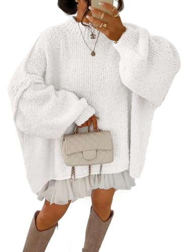 Saodimallsu Womens Oversized Sweaters Batwing Long Sleeve Fuzzy Knit Mock Neck Fall Trendy Pullover Top White | Amazon (US)