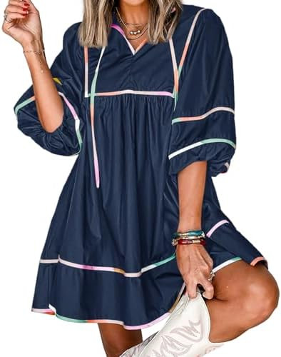 Cicy Bell Womens Babydoll Mini Dresses 3/4 Puff Sleeve V Neck Dress Casual Loose Fit Patchwork Pl... | Amazon (US)