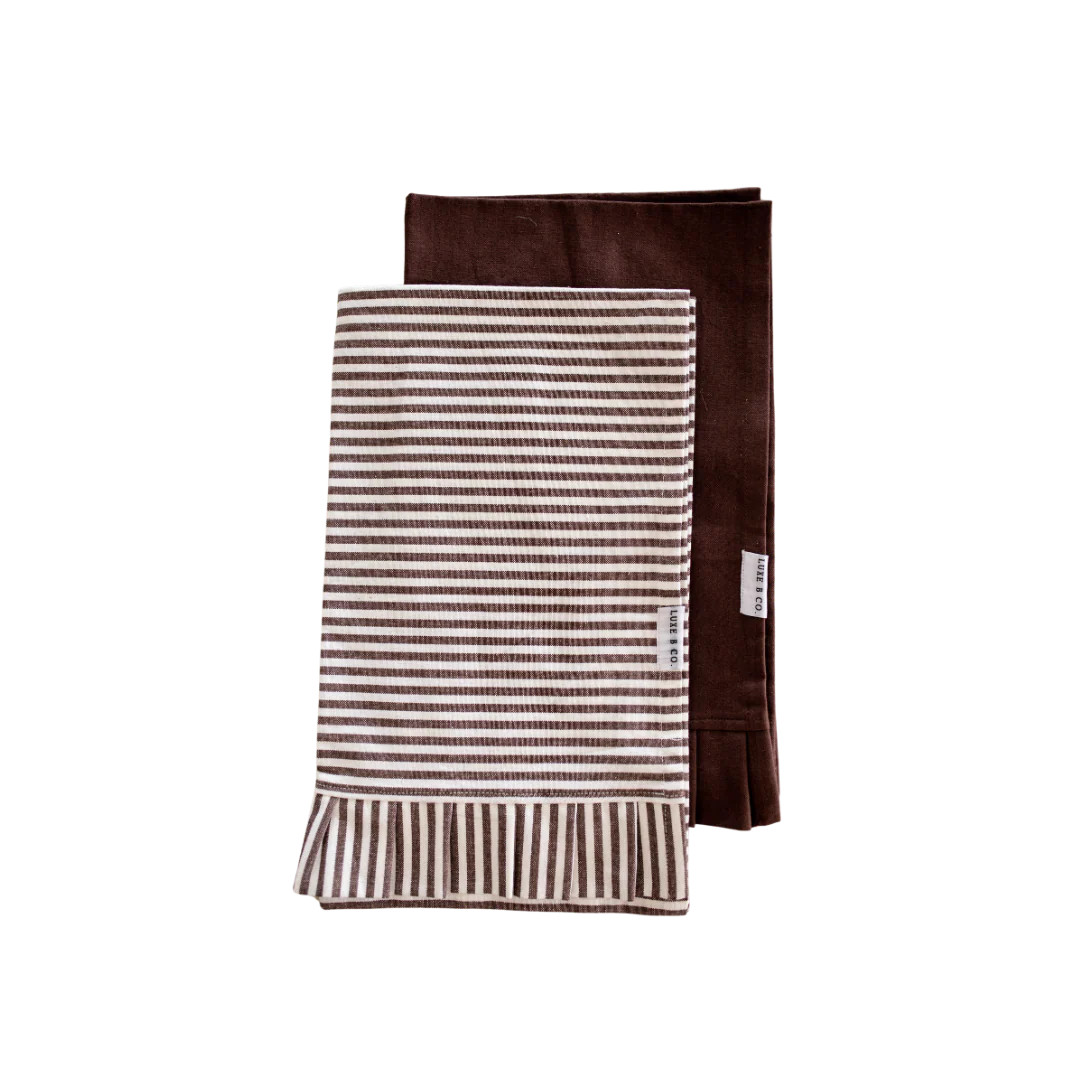 Brown & White Stripes Ruffle Kitchen Dish Towel | By Luxe B Co. | luxe bCO