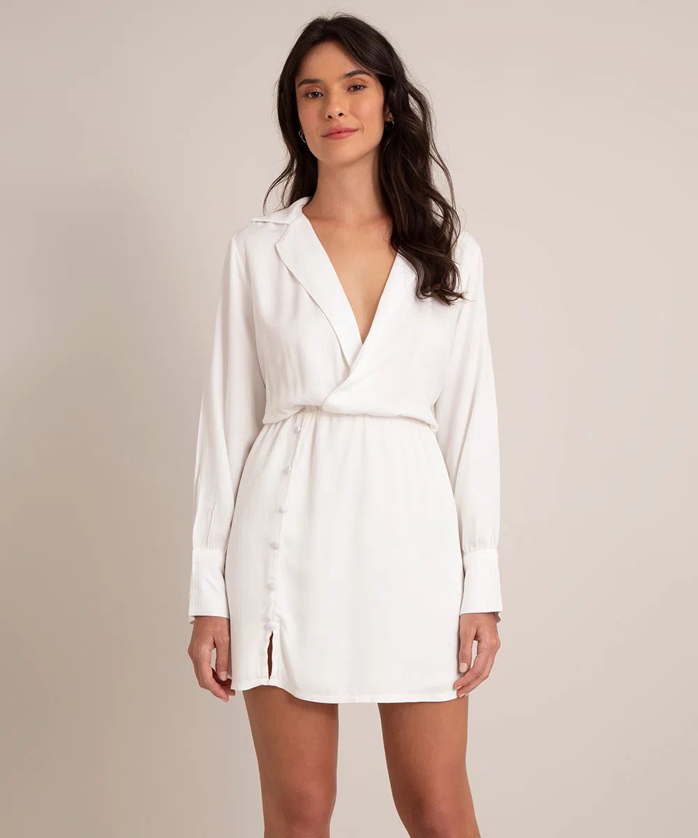 vestido curto de viscose decote v com fenda e botões manga longa off white | C&A (BR)