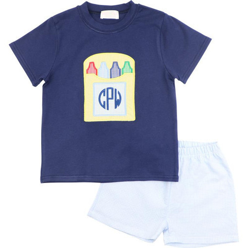 Navy And Blue Gingham Crayon Short Set | Cecil and Lou
