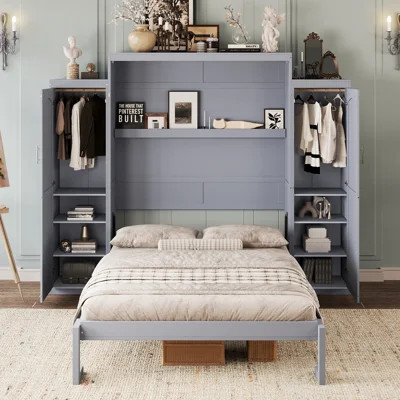 Queen Size Murphy Bed, Solid + Manufactured Wooden Queen Wall Bed with 2 Wardrobe and Storage Shelf, Multifunctional Foldable Platform Bedframe for Gu | Wayfair North America