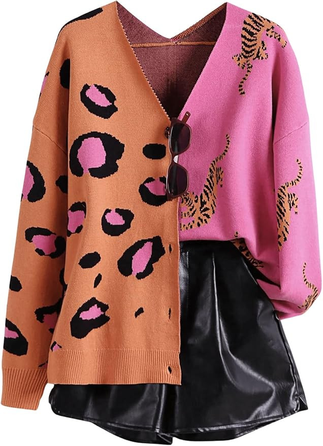 WDIRARA Women's Leopard Tiger Print Cardigan V Neck Long Sleeve Color Block Button Down Sweater O... | Amazon (US)