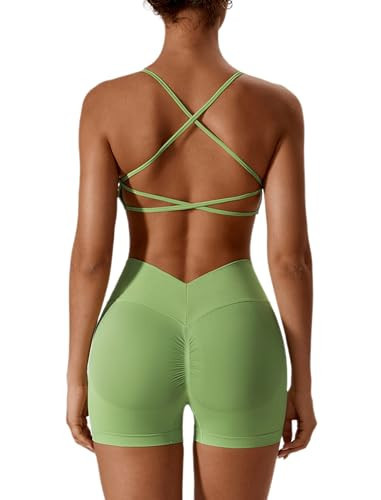 ABOCIW Workout Sets for Women Seamless V Back Scrunch Butt Lifting High Waist Biker Shorts Cross Back Sports Bra 2 Piece Yoga Gym Sets Light Green Small | Amazon (US)