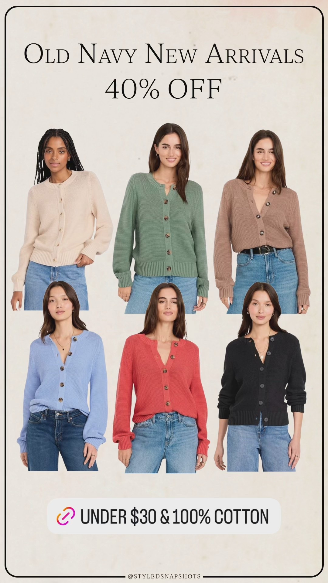 100% cotton cardigan on sale for $30 at Old Navy 

#LTKFindsUnder50 #LTKSaleAlert