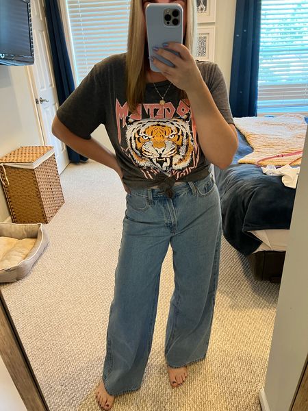 Wide leg old navy jeans on sale with graphic tee from Amazon  wearing size 6 jeans and large shirt  

jeans 
Fall outfit
Jeans
Teacher outfit 
Country concert

#LTKFind #LTKunder100 #LTKSale