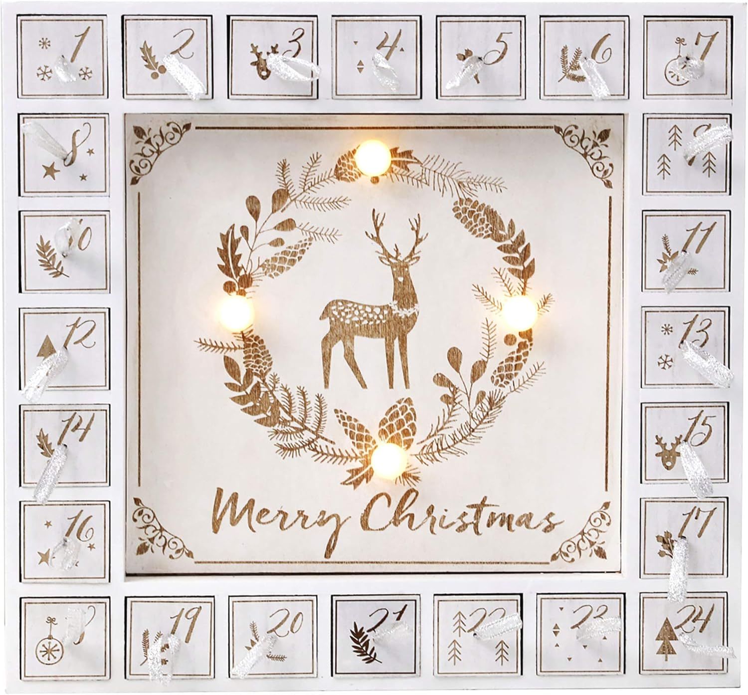 PIONEER-EFFORT Wooden Advent Calendar with Drawers and LED Lighting White Christmas Countdown Xma... | Amazon (US)