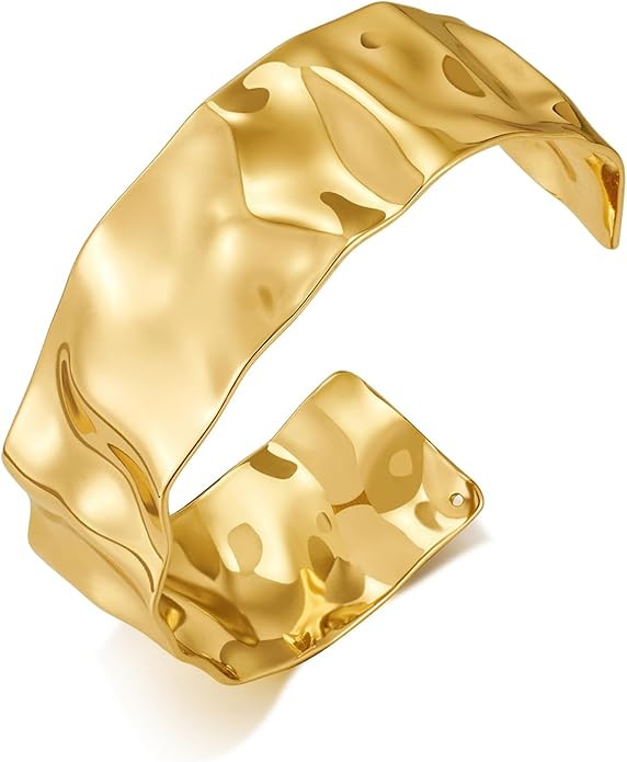 Hammered Gold Cuff Bracelets for Women Irregular Adjustable Open Bangles Chunky Statement Wide Go... | Amazon (US)