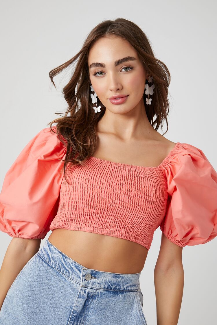 Puff-Sleeve Smocked Crop Top | Forever 21 (US)