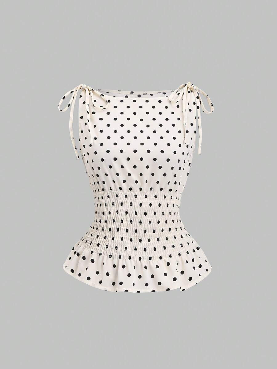 SHEIN Sweetro Women's Elegant Dotted Bow Tied Shoulder Waist Drawstring Slim Fit Casual Daily Com... | SHEIN