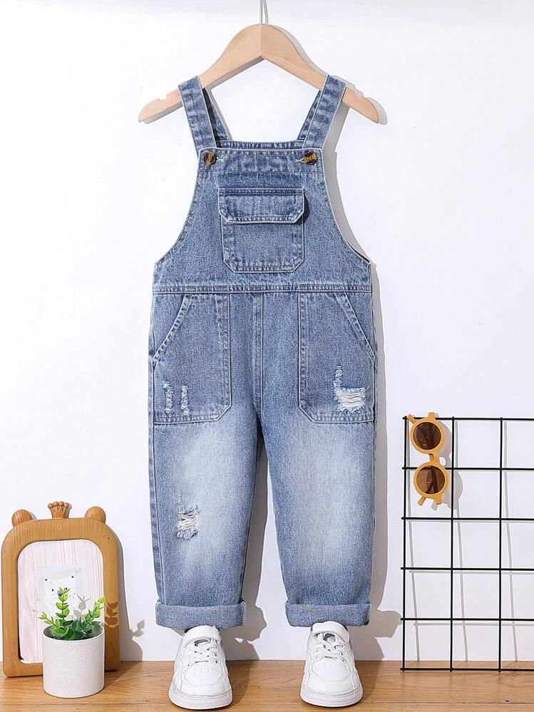 SHEIN Playful Pals Peto de mezclilla azul medio lavado con dise\u00f1o casual desgastado para ni\... | SHEIN