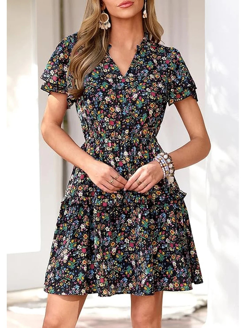 PRETTYGARDEN Womens Summer Floral Mini Dress Trendy Ruffle Short Sleeve V Neck Flowy A Line Short... | Walmart (US)