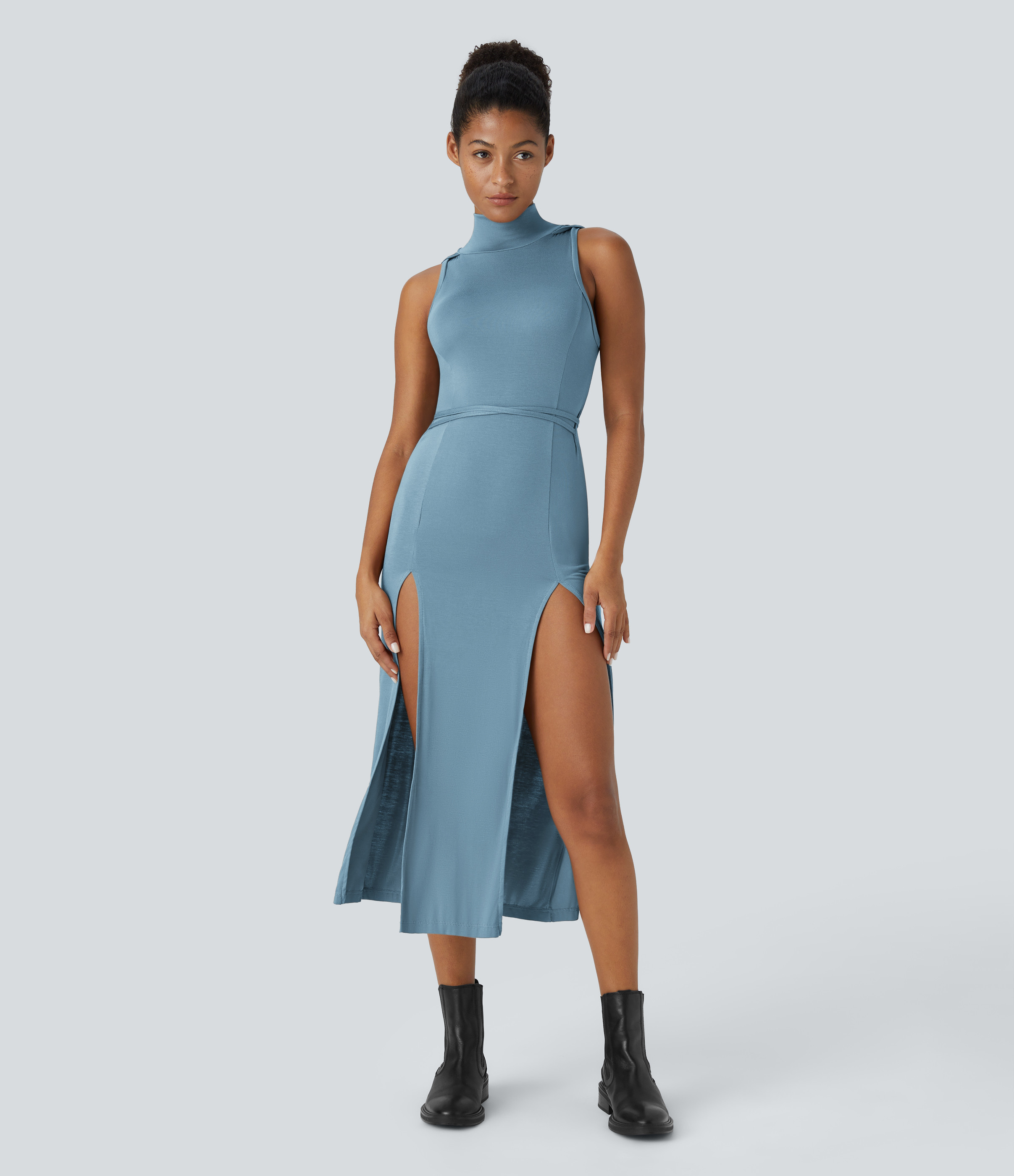 Halara Ribbed Hooded High Neck Sleeveless Cut Out Tie Back 2-Piece Midi Casual Dress Casual Dress - Rainy Sky Blue - L slip dress beach dress | HALARA