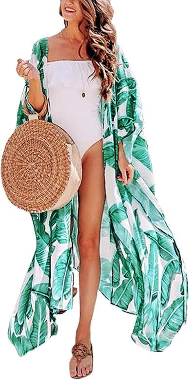 QIUYEJUO Women's Flowy Beach Kimono Long Bikini Cover Up Dress Chiffon/Rayon Open Front Cardigan | Amazon (US)