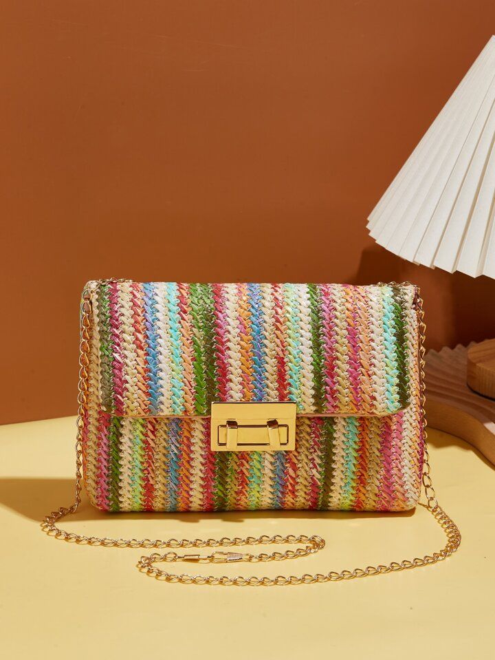 Rainbow Stripe Pattern Chain Straw Bag Fashion Retro Chain Shoulder Bag, Crossbody Bag, Women's B... | SHEIN