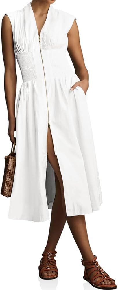 Wenrine Womens Summer Smocked Midi Dress Casual Zipper V Neck Cap Sleeve High Slit Flowy Long Dre... | Amazon (US)
