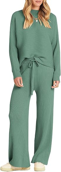 ANRABESS Women's Two Piece Outfits Batwing Long Sleeve Crop Top & Ribbed Knit Wide Leg Pants Loun... | Amazon (US)