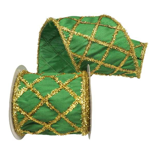 4" Green & Gold Tinsel Diamond Dupion Ribbon, 5yd | At Home