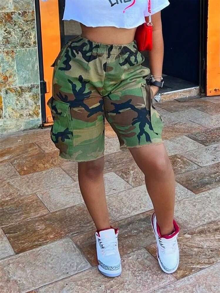 Women's Casual Camouflage Multi-Pocket Cargo Shorts For Summer | SHEIN