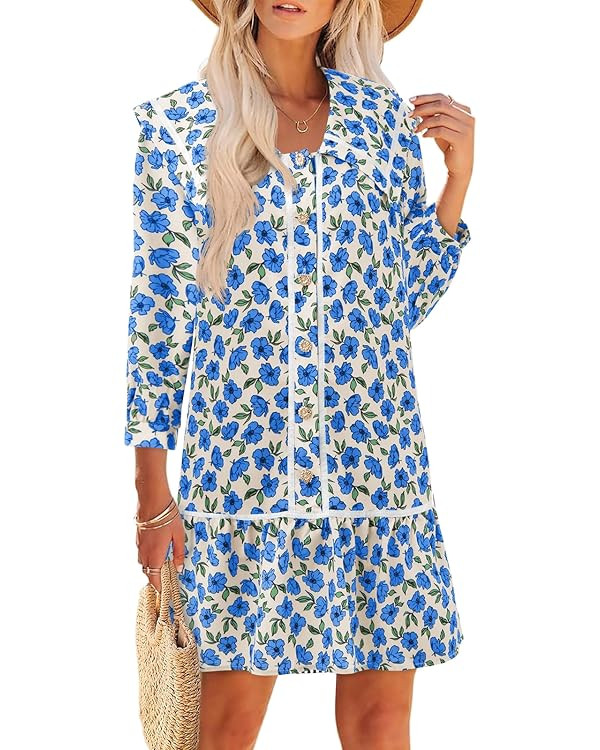 Wenrine Womens Casual Shirt Dresses 3/4 Long Sleeve Floral Button Down Flowy Babydoll Fall Mini D... | Amazon (US)