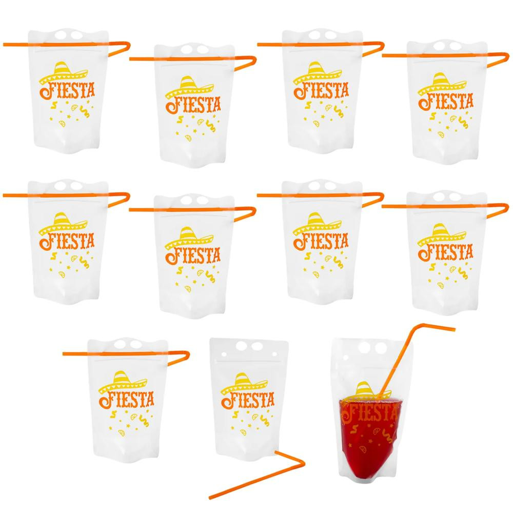 50 Pc Bulk Fiesta Collapsible Bpa-Free Plastic Drink Pouches with Straws 5"x9" 16 oz | Oriental Trading Company