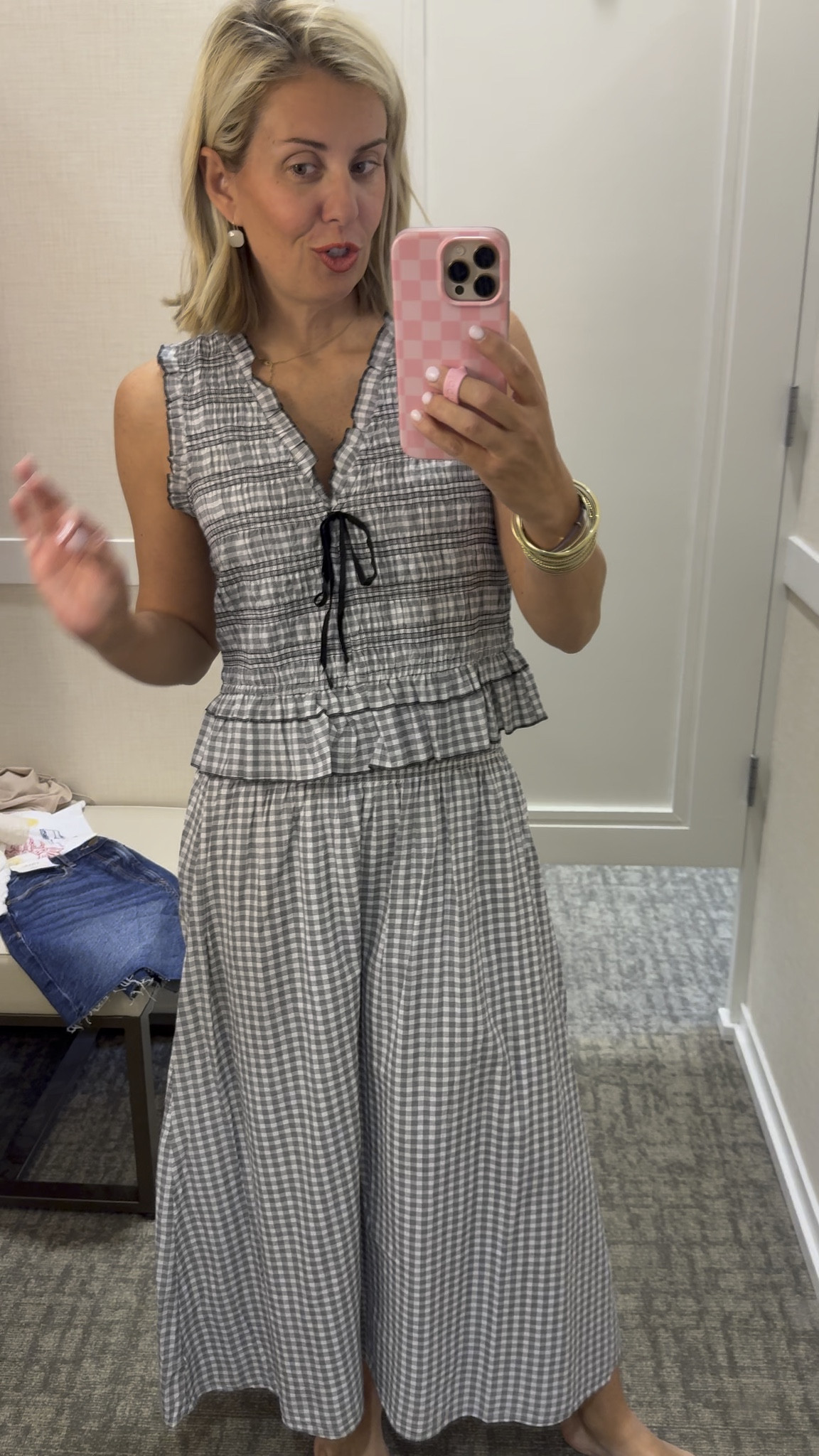 A set we will wear together and separate… the small skirt is perfect. The top is a small and works, but could prob do xs too! 

Top & skirt- top s, skirt 0
Cream top- 0
Green dress- s
Brown dress- s (need xs)
Top and shorts- xs blouse, s tank (need xs), 2 shorts (need 0)
Check set- s top, s skirt 
Tee & shorts- xs tee (need s), 26 shorts
Block print dress- xs

#LTKootd #LTKdayinmylife #LTKOver40