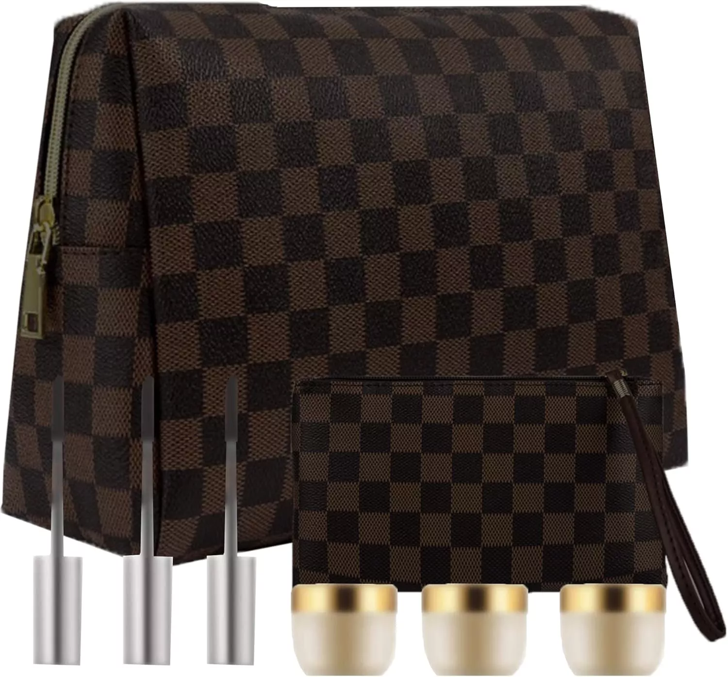  BAGCRAZY Checkered Makeup Bag, Portabel Leather Large