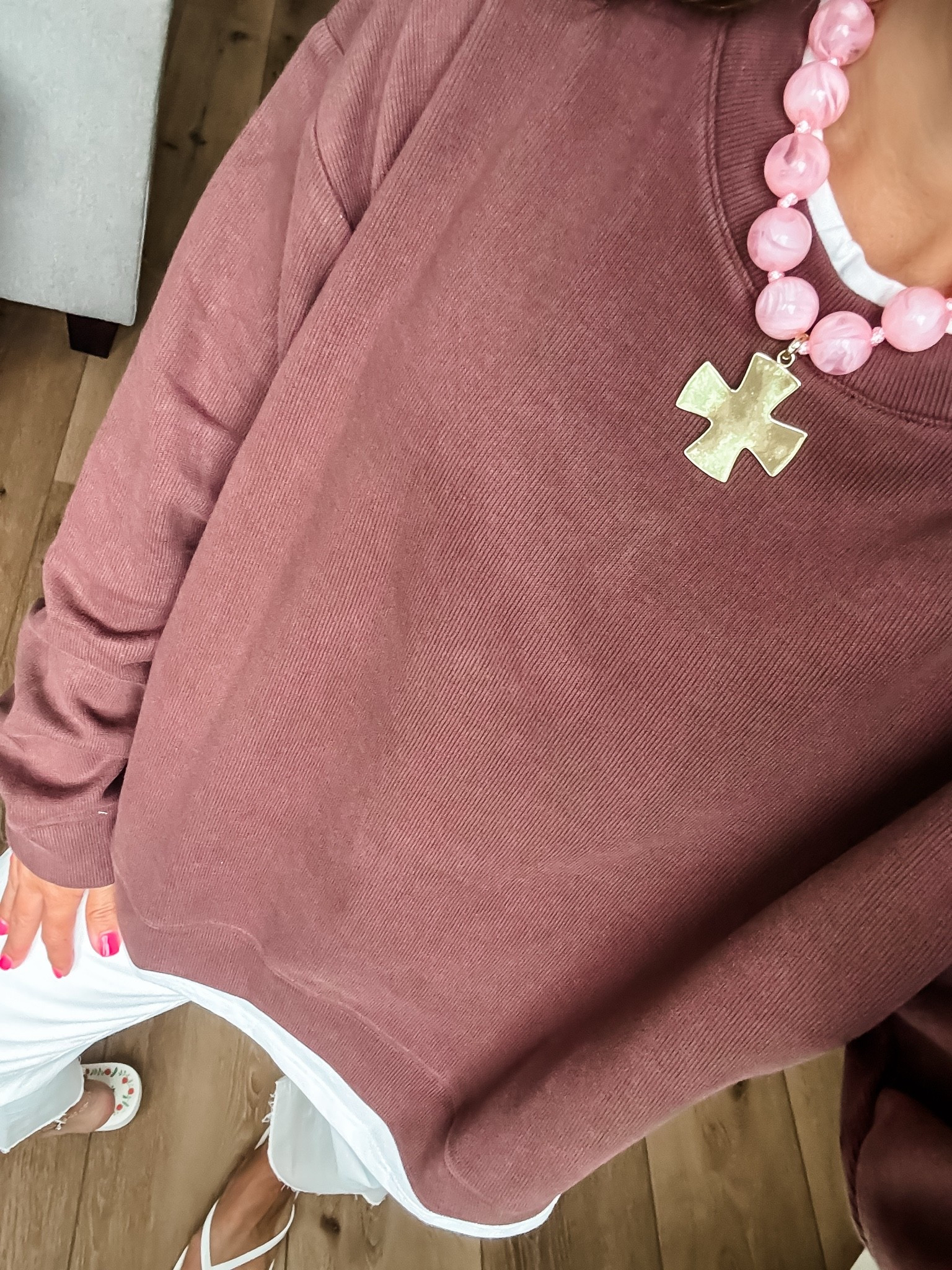 Small brown sweatshirt. Cross necklace code houseofleo20. Beaded necklace.

#LTKOver40 #LTKSaleAlert