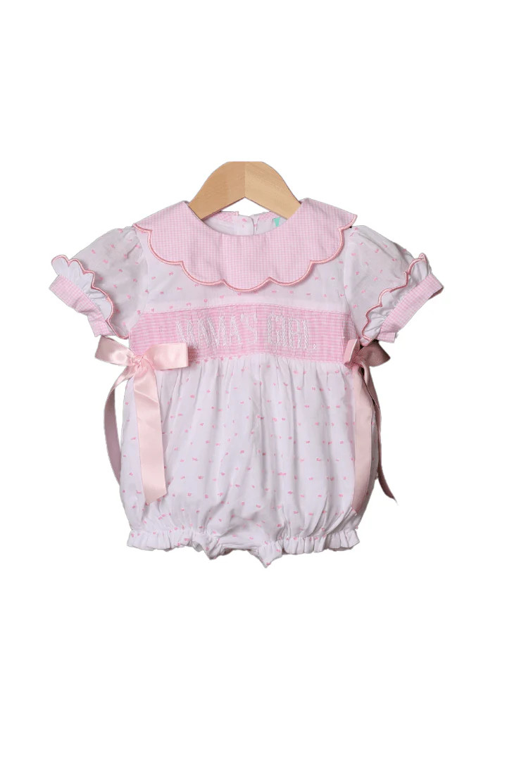 Smocked Mama's Girl White and Pink Swiss Dot Bow Bubble | The Smocked Flamingo