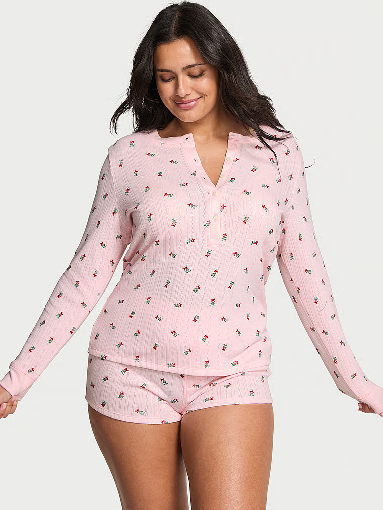 Buy Cozy Pointelle Henley Short Pajama Set, Medium Heather Grey - Order Pajamas Sets online - Vic... | Victoria's Secret (US / CA )
