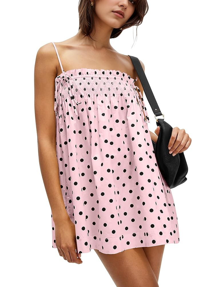 Women Polka Dot Sleeveless Square Neck Backless Spaghetti Strap Smocked Flowy Ruched Sexy Mini Ca... | Amazon (US)