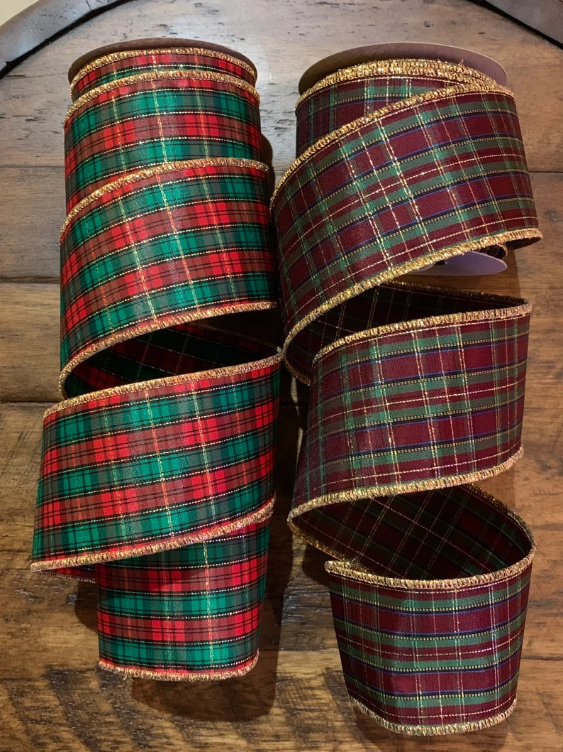 2.5 Green Red or Green Burgundy Plaid Ribbon Wired - Etsy | Etsy (US)