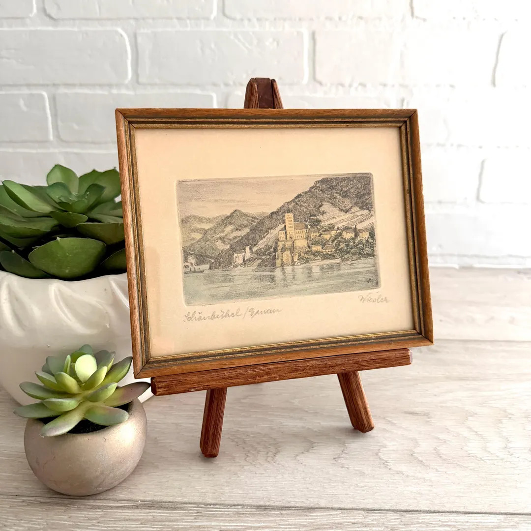 Antique European Etching of Rheinstein Castle, Pencil Signed German Landscape Print, Framed Origi... | Etsy (US)