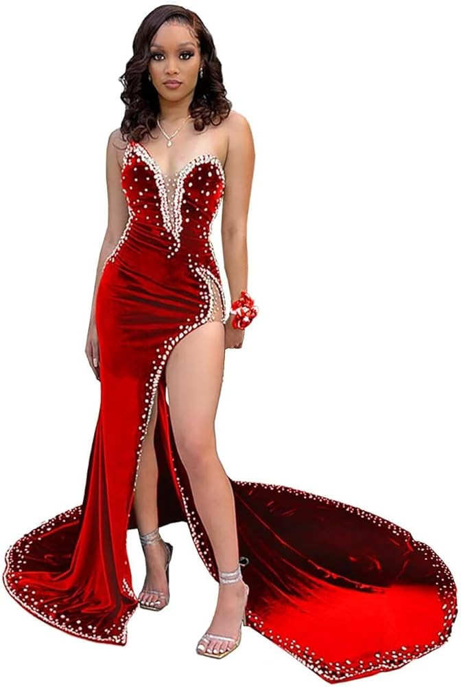 Deep V Neck Prom Dresses Strapless Mermaid Formal Evening Gown with Train Beaded Sparkly Velvet P... | Amazon (US)