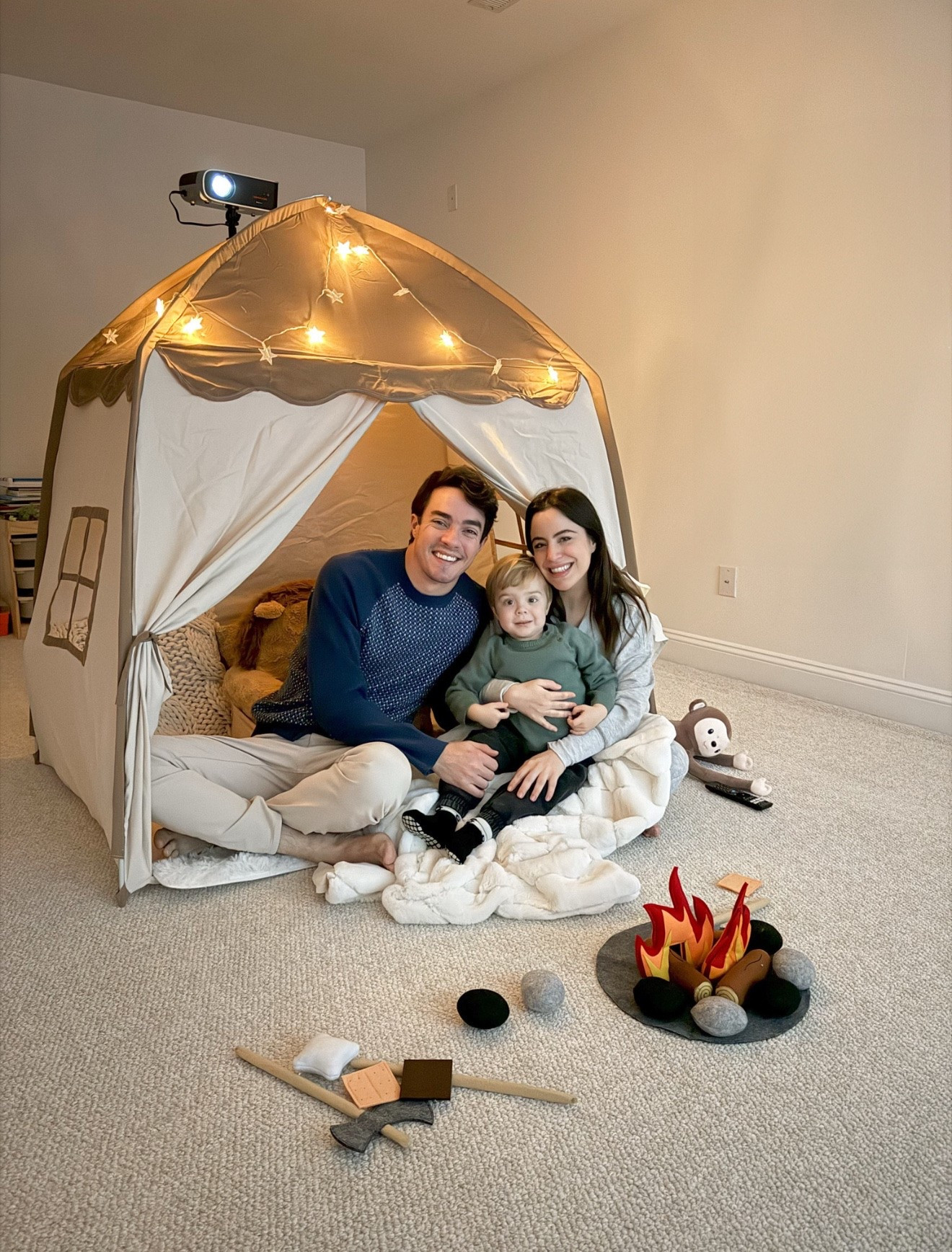 Safe to say this indoor fort was a total dream for family movie night! Our toddler was completely obsessed with the setup, especially that tiny campfire and s’mores toy. A fun way to bond with your kids!

amazon home, family bonding, indoor camping, cozy vibes, fun activities, nursery room, play tent, indoor activity

#LTKHome #LTKKids #LTKU