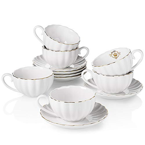Amazingware Royal Tea Cups and Saucers, with Gold Trim and Gift Box, British Coffee Cups, Tea Cup Set, Porcelain Tea Set, Cappuccino Cups, Latte Cups, Set of 6 (8 oz)- White | Amazon (US)