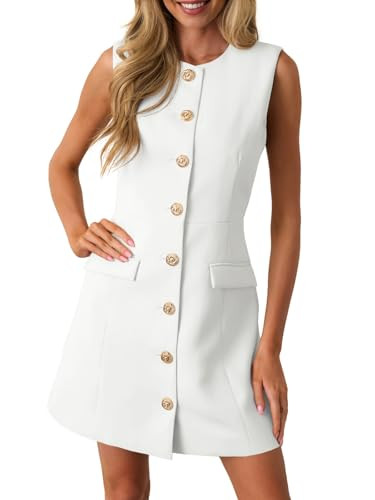 Wenrine Womens Work Dresses 2026 Summer Business Formal Short Dress Sleeveless Button Down Elegant Office Blazer Outfits White | Amazon (US)