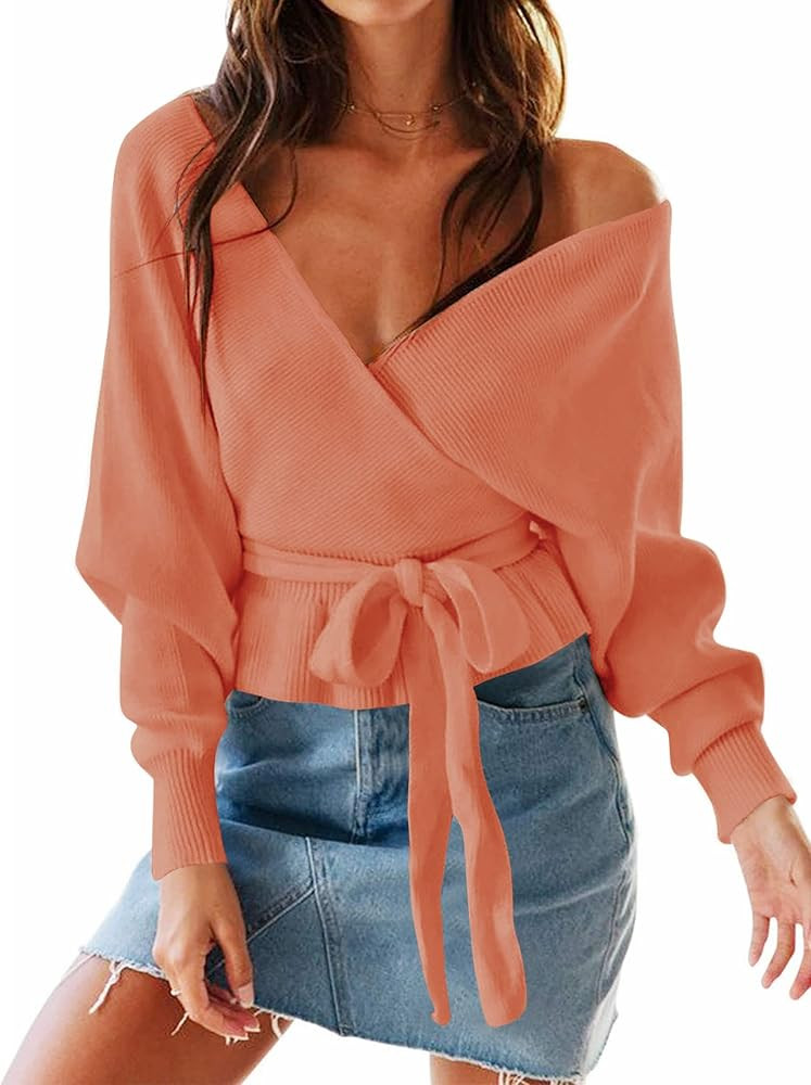 ZESICA Women's 2024 Fall Wrap V Neck Long Batwing Sleeve Belted Waist Ruffle Knitted Sweater Pull... | Amazon (US)