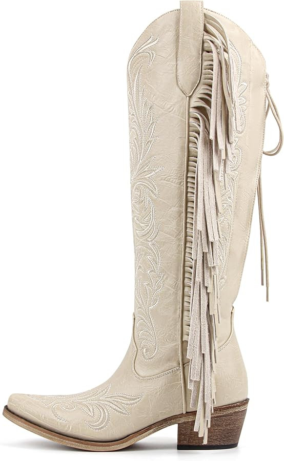 Knee High Lace Up Cowboy Boots with Fringe Embroidered Western Boots Wide Calf | Amazon (US)