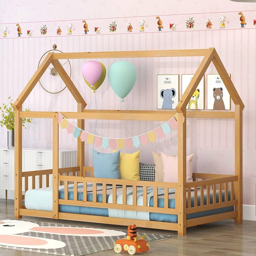 Bellemave Twin Size House Floor Bed,Wooden Montessori Bed with Fence and Roof for Kids,Playhouse ... | Amazon (US)