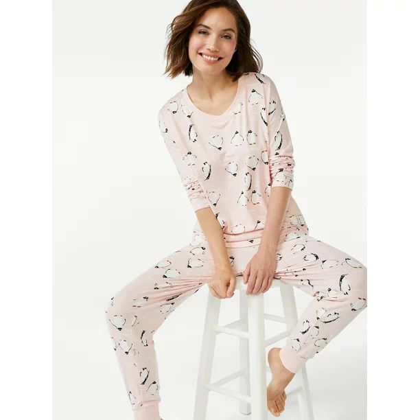 Joyspun Women's Long Sleeve Sleep Top and Jogger PJ Set, 2-Piece, Sizes up to 3X | Walmart (US)
