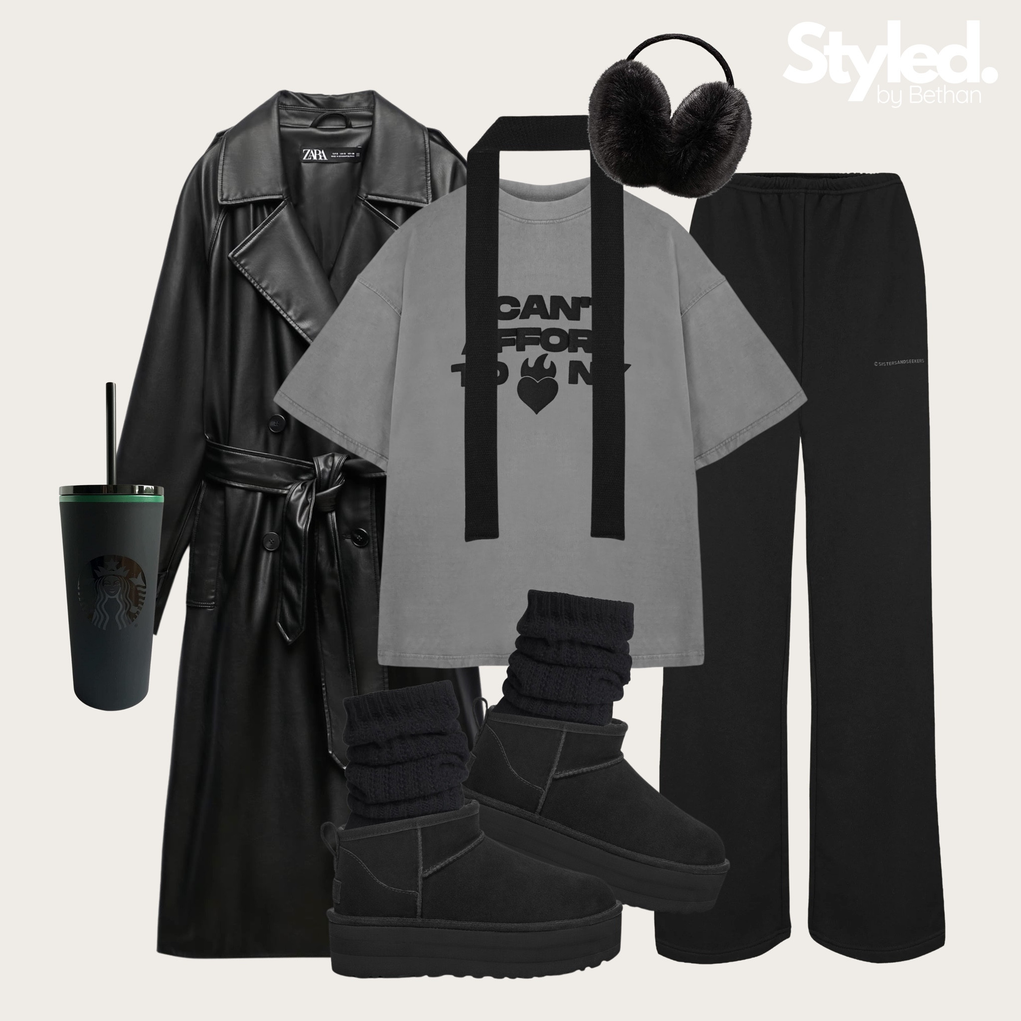 🖤🖤🖤 tags: sisters and seekers charcoal oversized t shirt, black straight leg joggers, Zara black leather trench coat, black scarf, black ear muffs, black platform ultra mini uggs. Autumn winter everyday fashion outfit Inspo for the colder months, city break, running errands. 

#LTKSeasonal #LTKshoecrush #LTKstyletip