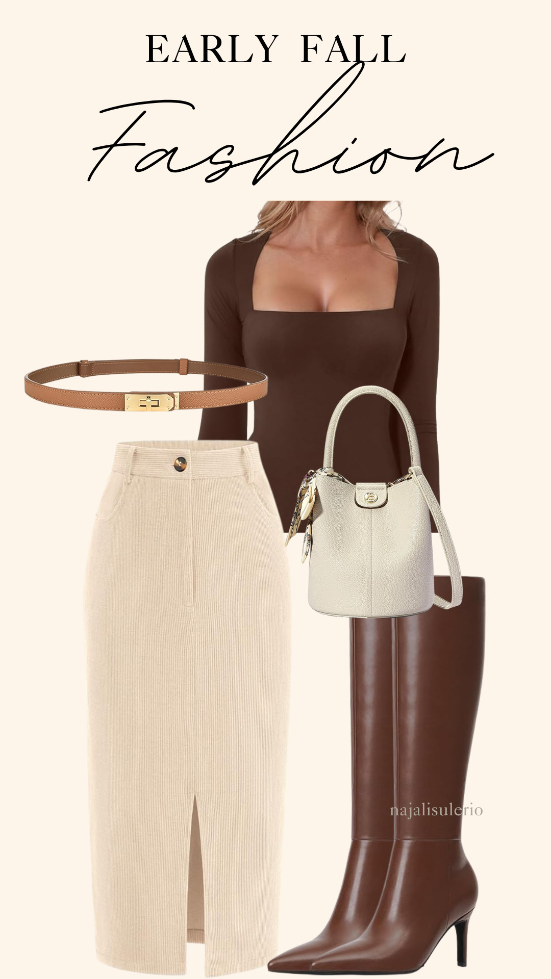 Early Fall Fashion Idea!!

Brown bodysuit with a cream corduroy high-waisted pencil skirt paired with knee-high brown leather boots, a thin belt, and a cream bag to complete the look!

Easy elevated look for the office or to dine downtown! 

 #LTKFallSale #LTKSeasonal #LTKStyleTip
