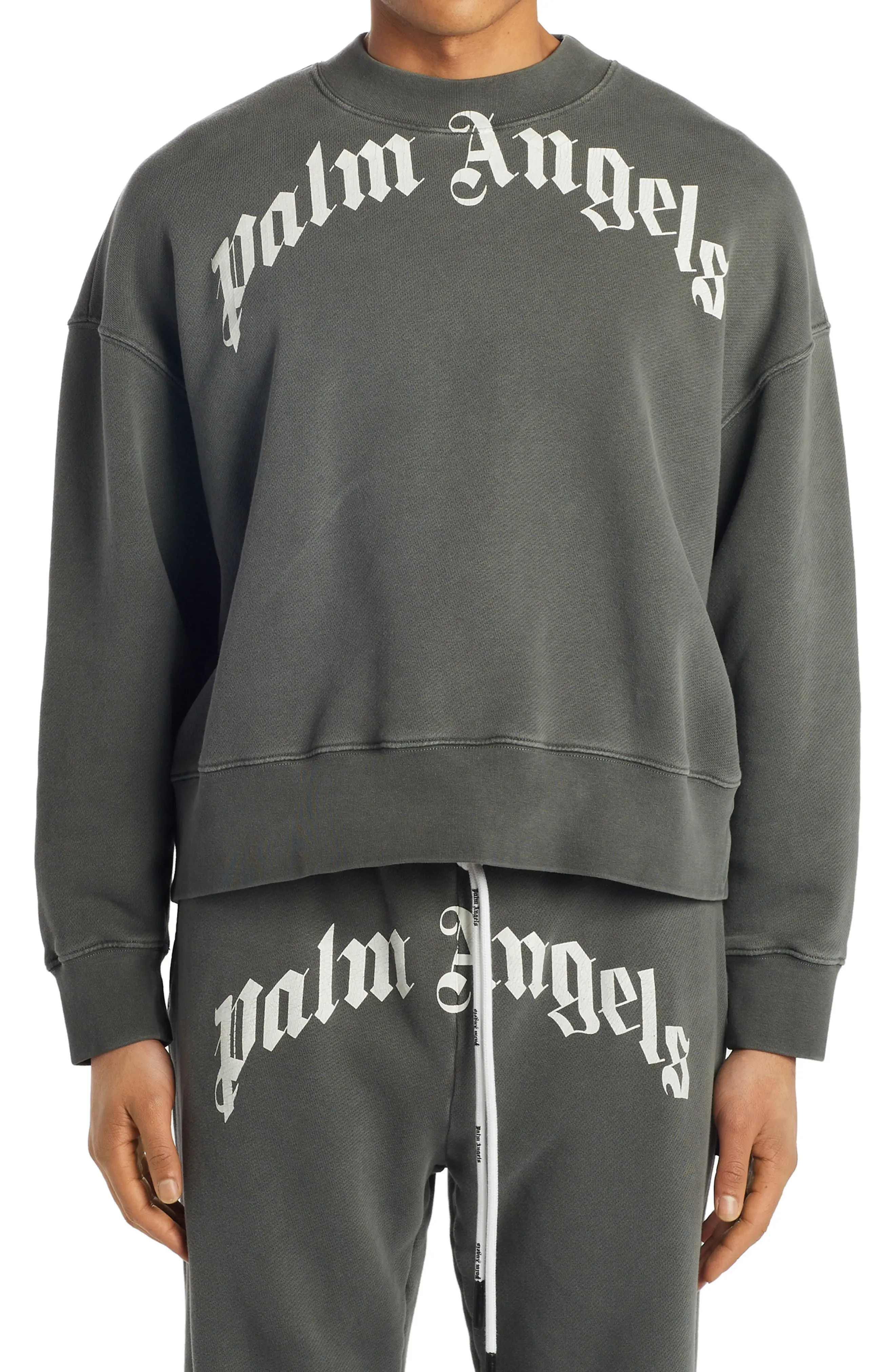 Palm Angels Curved Logo Cotton Sweatshirt in Black White at Nordstrom, Size Medium | Nordstrom