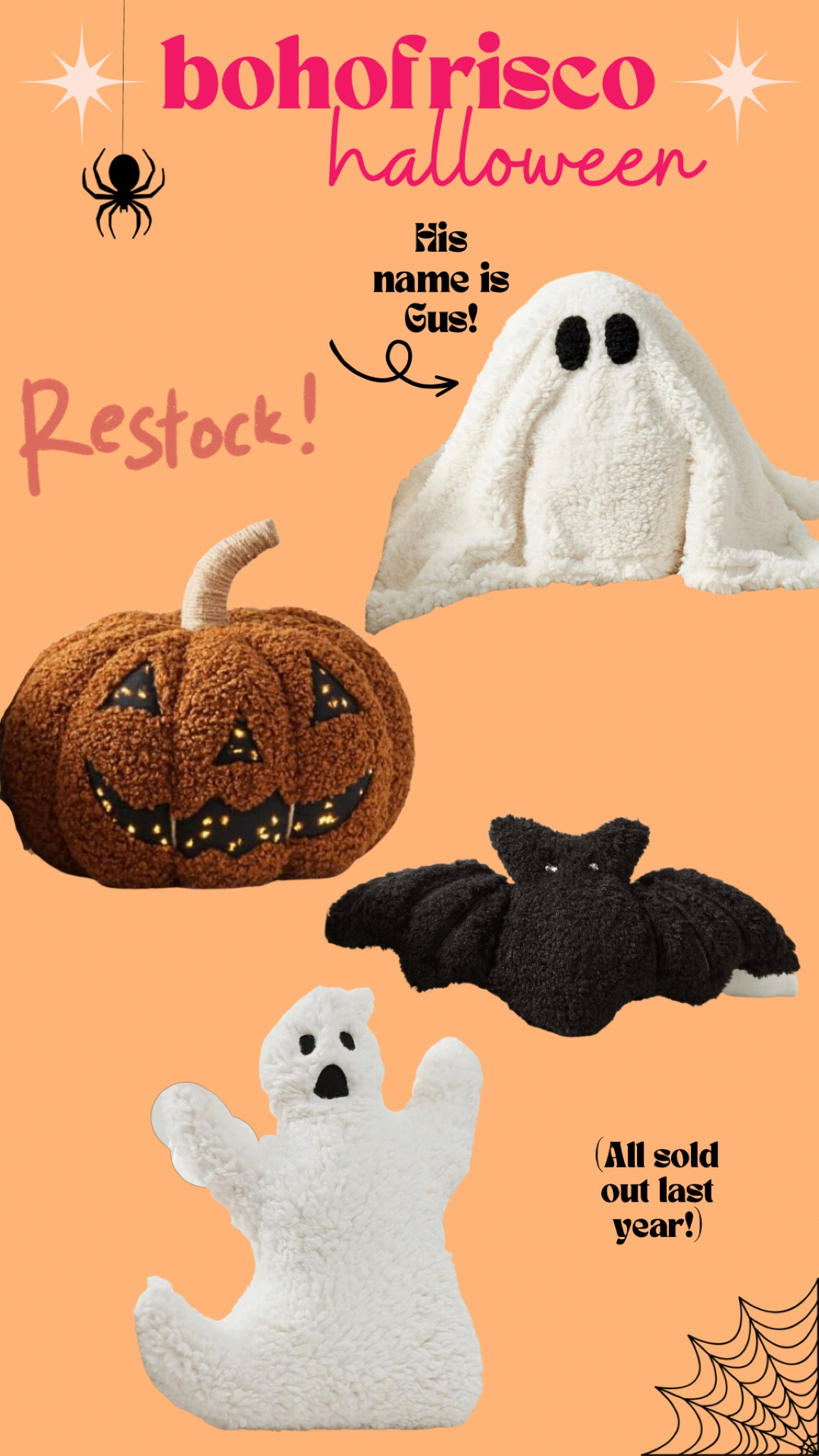 Restocked for 2023 Halloween pottery barn pillows that sold out in 2022!! Viral gus the ghost and light up pumpkin, bat, and scary ghost! Throw pillows for your fall home decor 

#LTKhome #LTKSeasonal