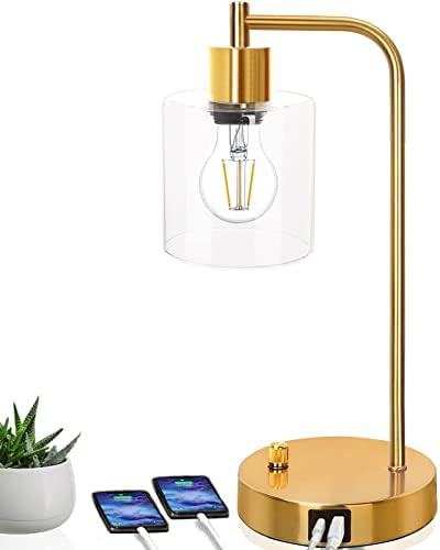 Gold Industrial Table Lamp with 2 USB Ports, Elizabeth Vintage Bedside Reading Lamp, 3-Way Dimmab... | Amazon (US)